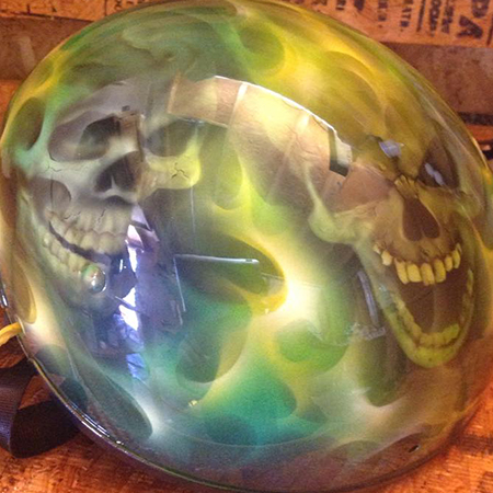 skull with true fire on motorcycle helmet